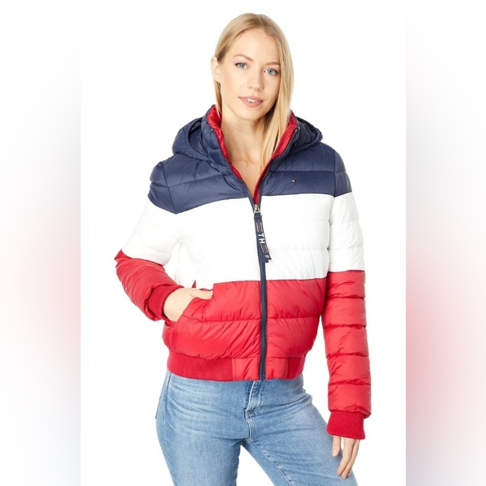 Tommy Hilfiger Red, White, and Black Puffer Jacket